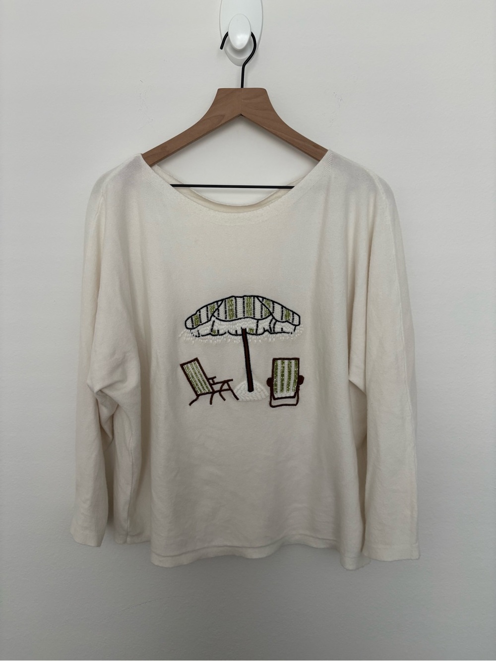 White Beach Umbrella Embroidered Long-Sleeve Sweater
